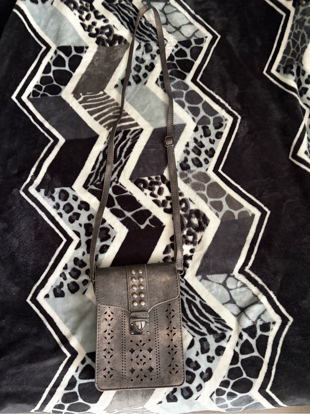 Metallic Gray Laser-Cut Crossbody Phone Bag with Stud Accents